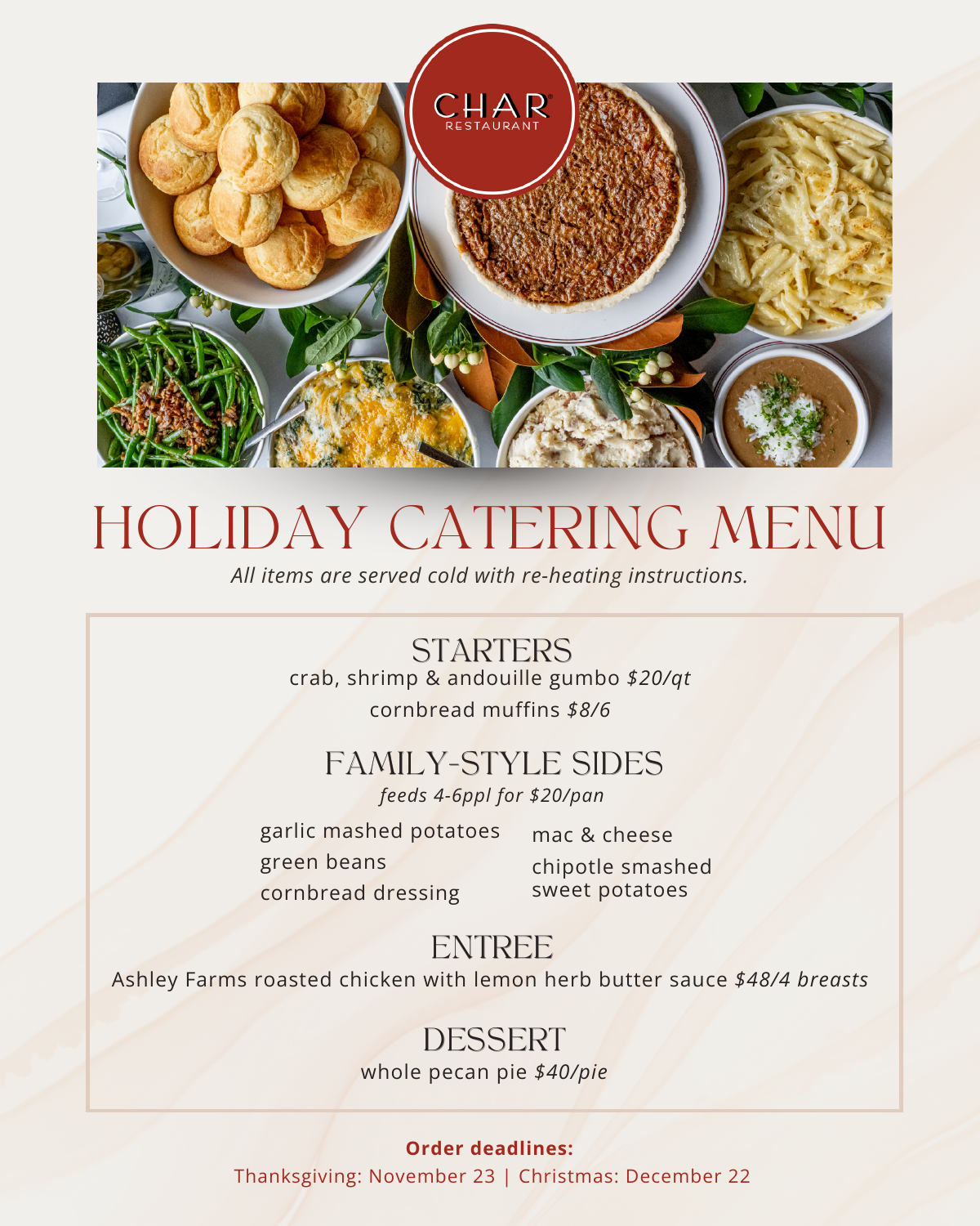 Char Holiday Catering Menu - view the PDF for full accessibility